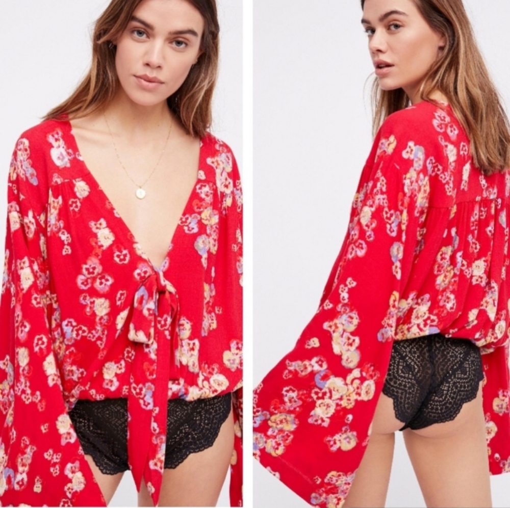 Intimately Free People Forties Feel Hot Cherry Floral Bodysuit Sz Tag Mi…